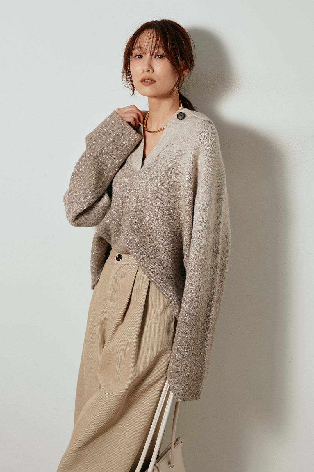 [SET]グラデーションラメニットキーネックプルオーバー+フロントタック入りコーデュロイパンツ(2set)