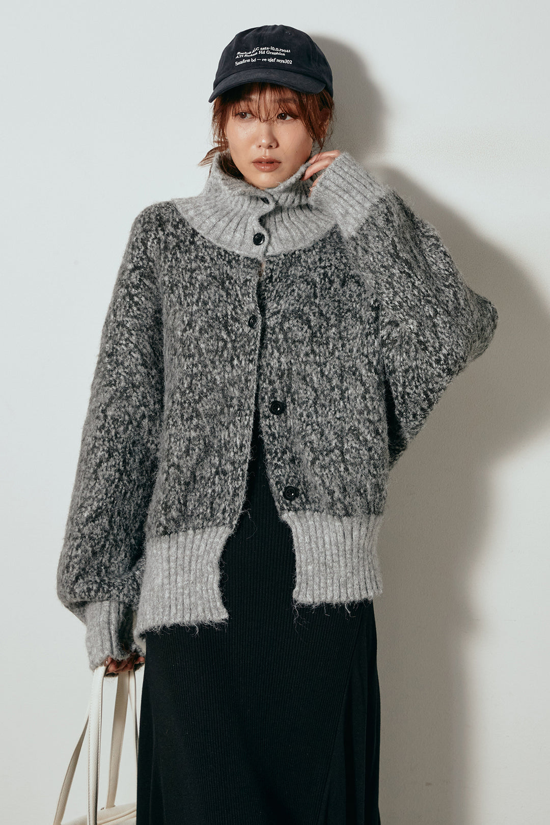 [SET]ハイネックミックスニットトップス+サイド切り替えリブニットロングスカート(2set)