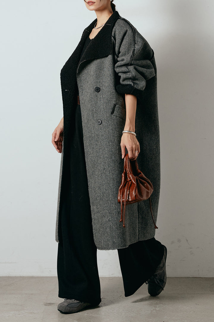 [SET]裏地ボアハイネックロングアウター+フェイクレザー太ベルト付きタックワイドパンツ(2set)