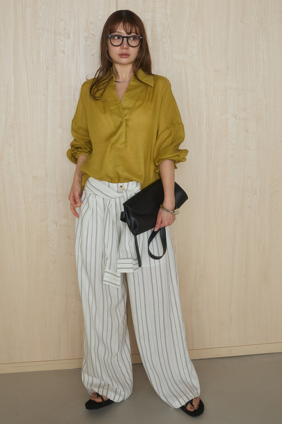 [SET]襟付きボタンブラウス+ウエスト巻きピンストライプパンツ(2set)