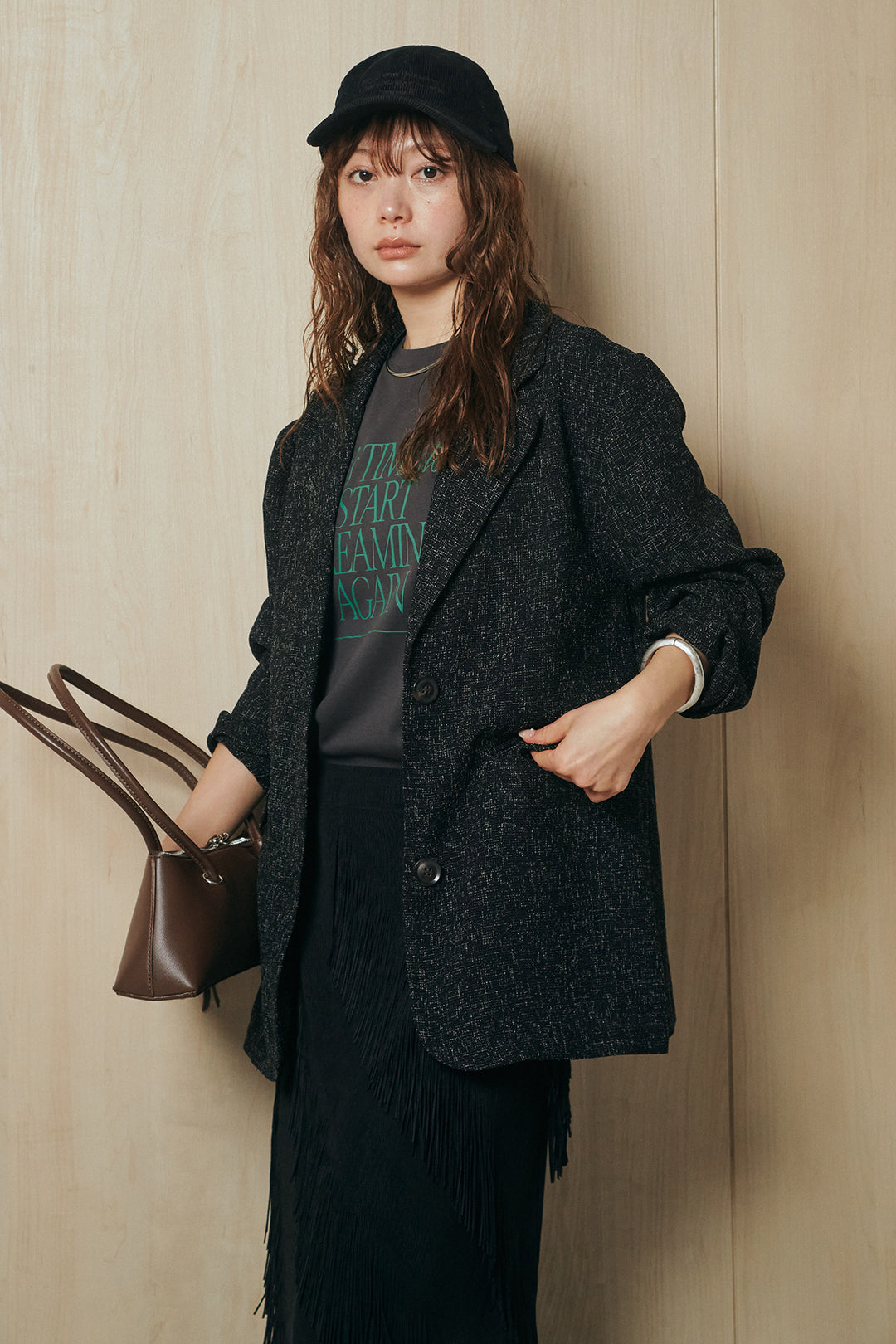 [SET]ミックスツイードベルト付きジャケット+斜めフリンジデザインスカート(2set)