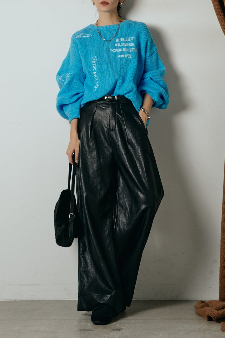 [SET]刺繍ロゴランダムデザインニットトップス+ベルト付きレザーライクタックパンツ(2set)