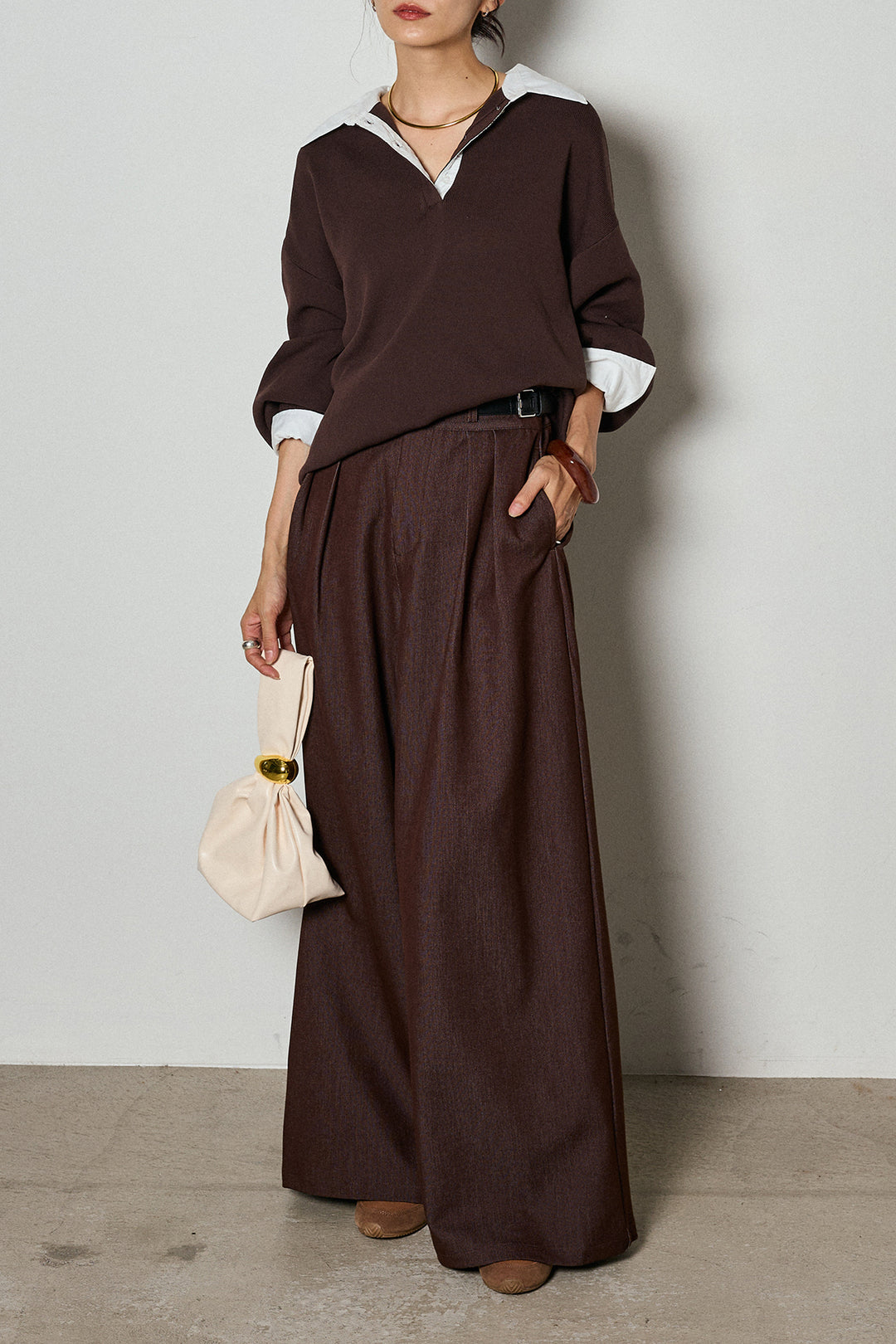 【即納】ウエストベルト付きタックワイドパンツ