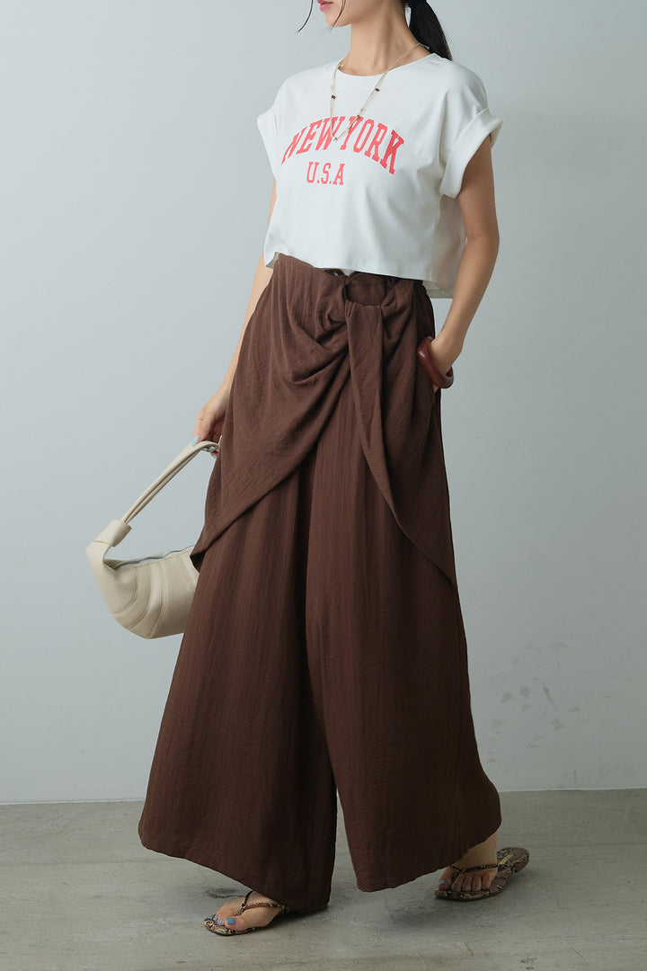[SET]ショート丈NEWYORKロゴTシャツ+ねじりデザインワイドパンツ(2set)