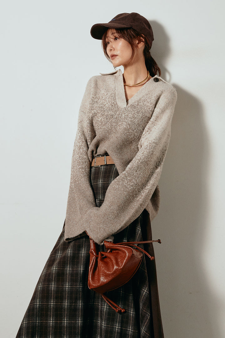 [SET]グラデーションラメニットキーネックプルオーバー+フェイクレザーベルト付き切り替えタータンチェックスカート(2set)