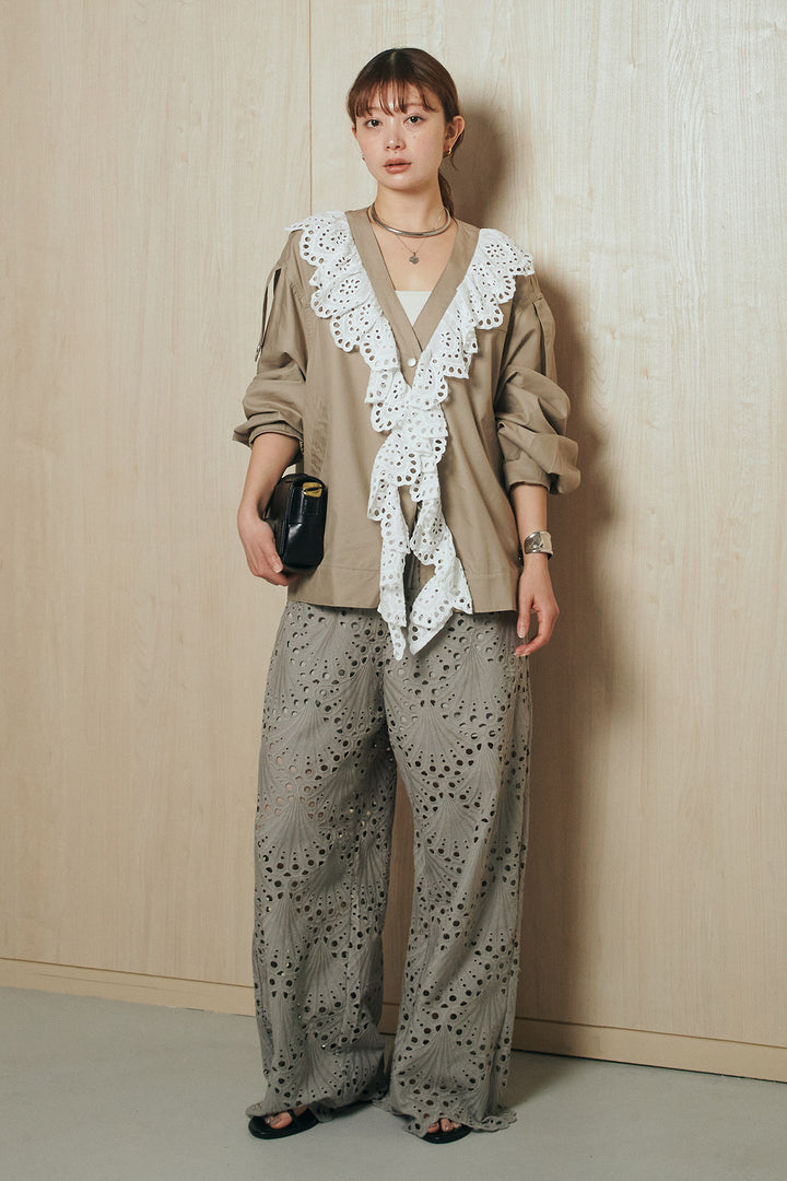 [SET]レースフリルドッキングアウター+レース刺繍リラックスパンツ(2set)