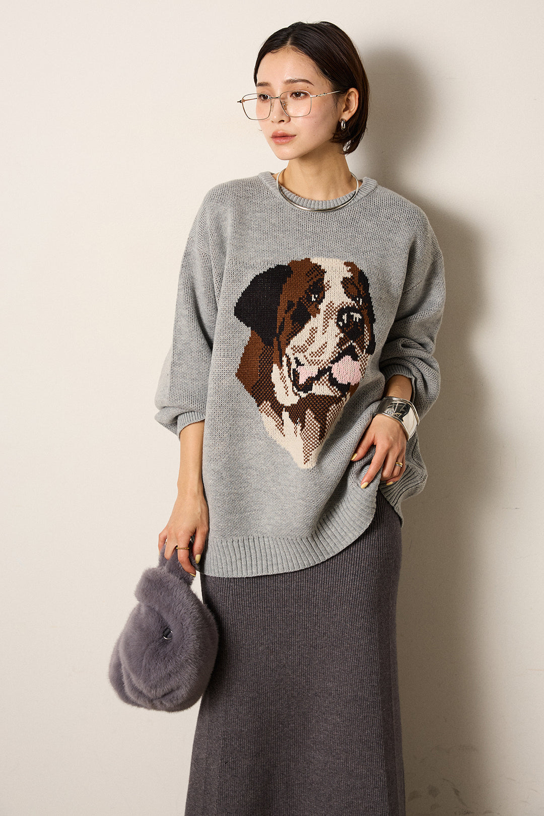 [SET]アニマルジャガード柄ニットトップス+リブナローニットスカート(2set)