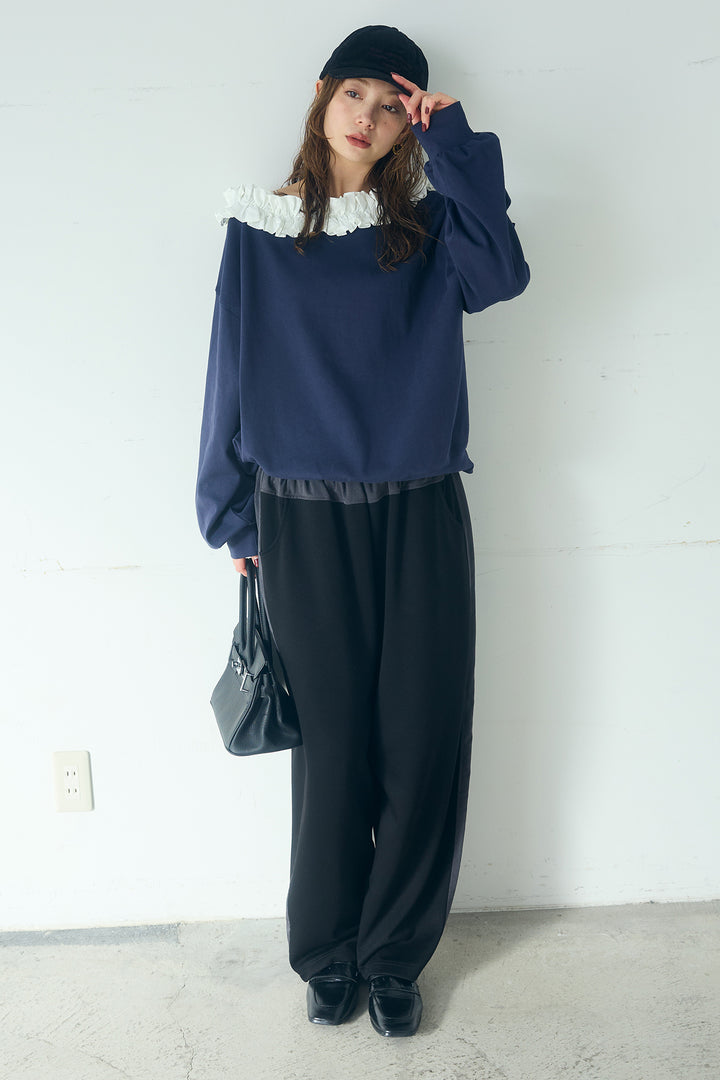 [SET]ネックギャザーフリルスウェット+異素材切り替えスウェットパンツ(2set)