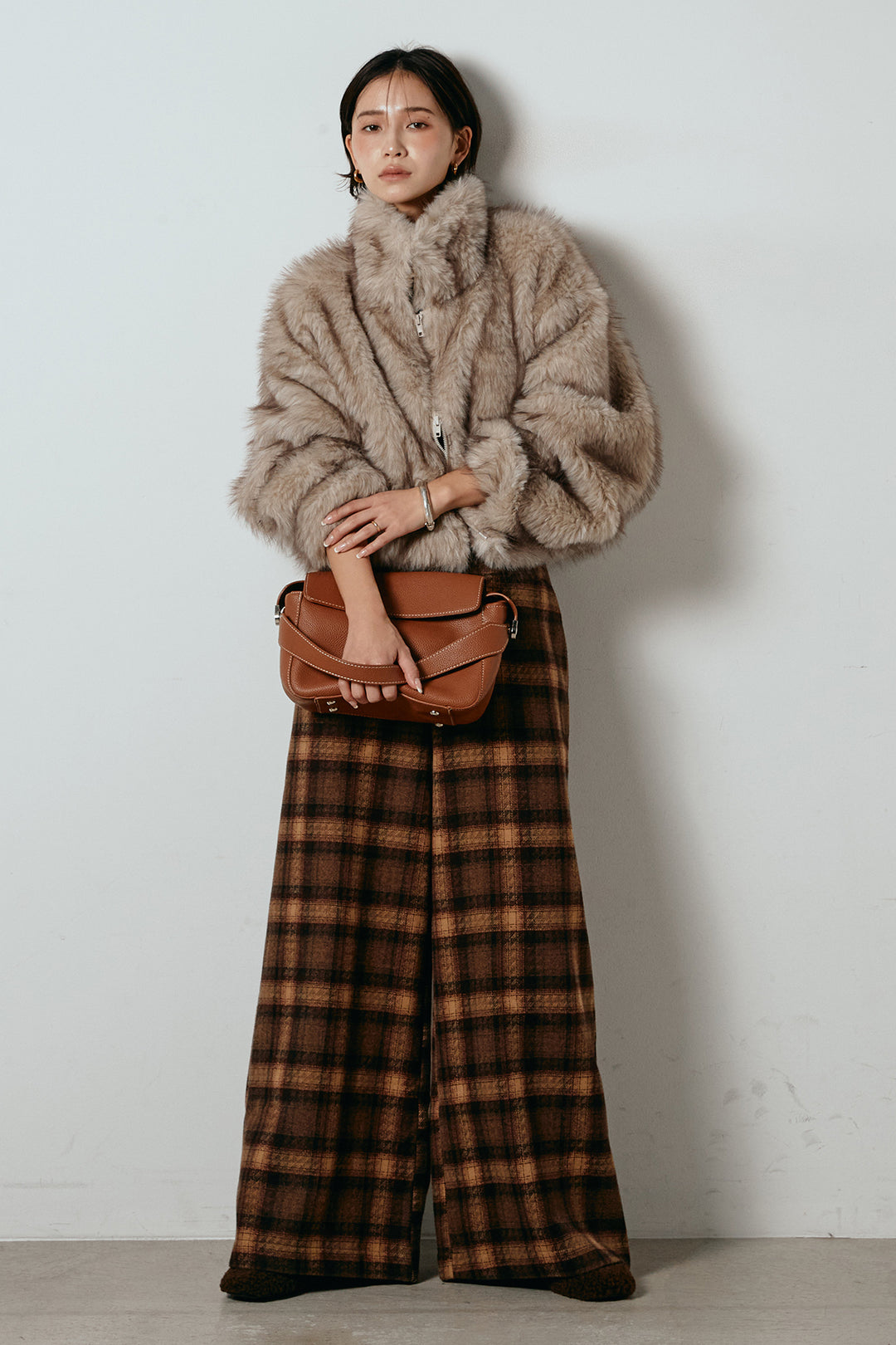 [SET]エコファーショート丈ブルゾン+ルーズタータンチェックワイドパンツ(2set)