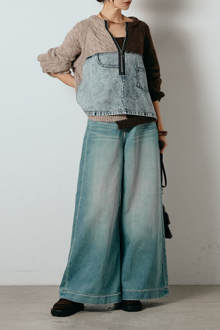 [SET]ハーフジップニットデニムドッキングトップス+ウエストダブルボタンワイドデニムパンツ(2set)