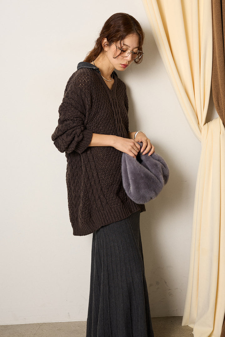 [SET]デニムカラーケーブルオーバーニット+編み地切り替えフレアニットスカート(2set)