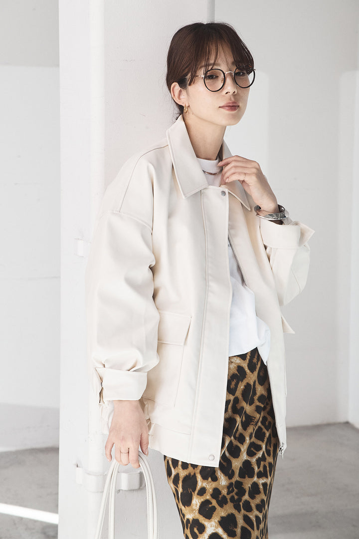 [SET]レザーライクオーバーサイズブルゾン+レオパードサテンナロースカート(2set)