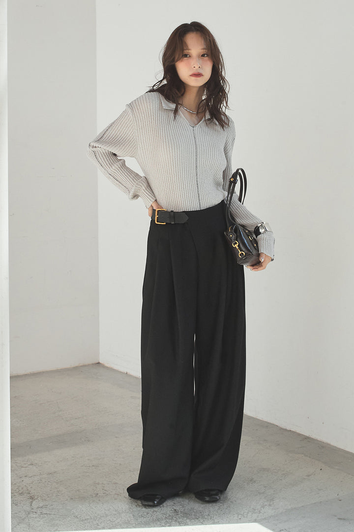 [SET]衿付きニットプルオーバー+サイドベルトタック入りスラックス(2set)