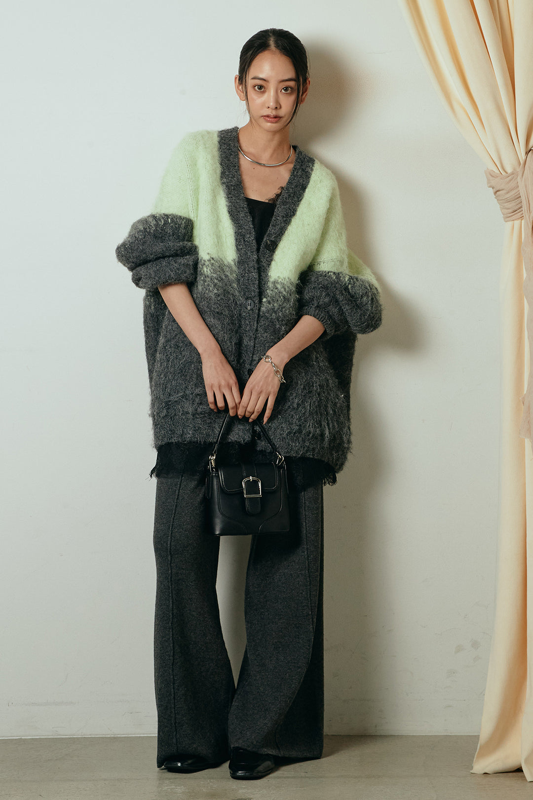 [SET]起毛グラデーションニットカーディガン+レース切り替えキャミソール+センターラインニットパンツ(3set)