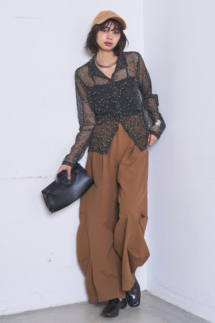 [SET]ネップメッシュポロ襟カーディガン+ドライタフタタックバレルパンツ(2set)