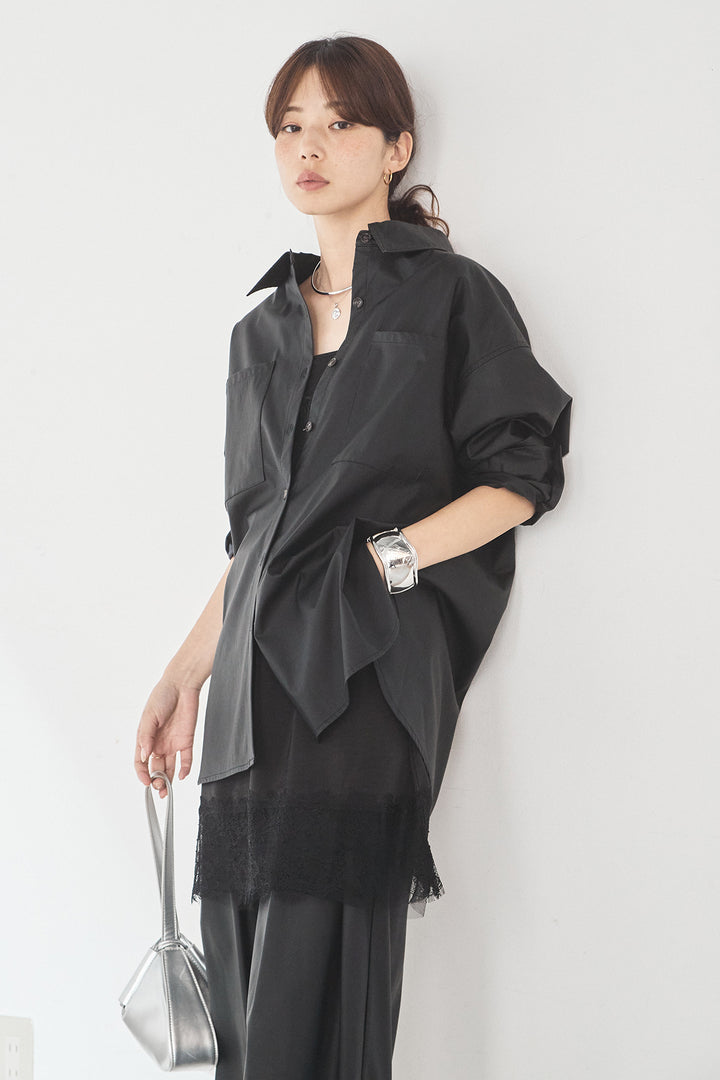[SET]ウォッシャブルエコレザービックカフスシャツ+ウォッシャブルエコレザータックパンツ+レース切り替えキャミソール(3set)