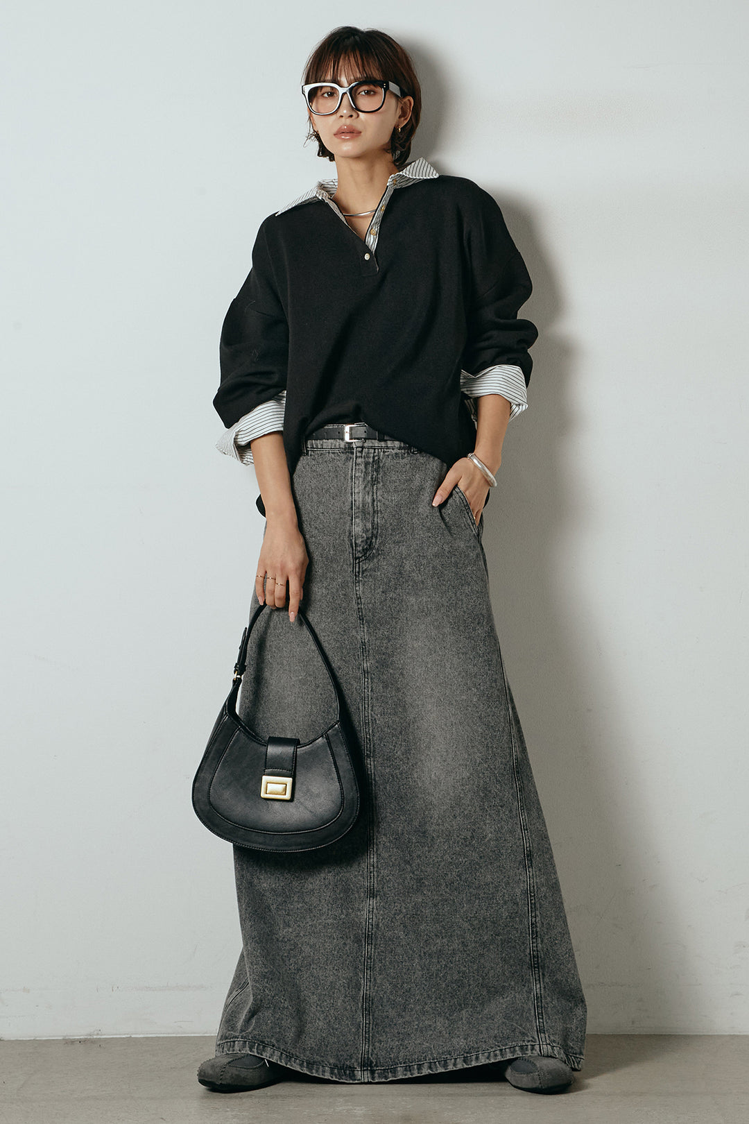 [SET]ストライプシャツドッキングポロトップス+デニムロングフレアスカート(2set)