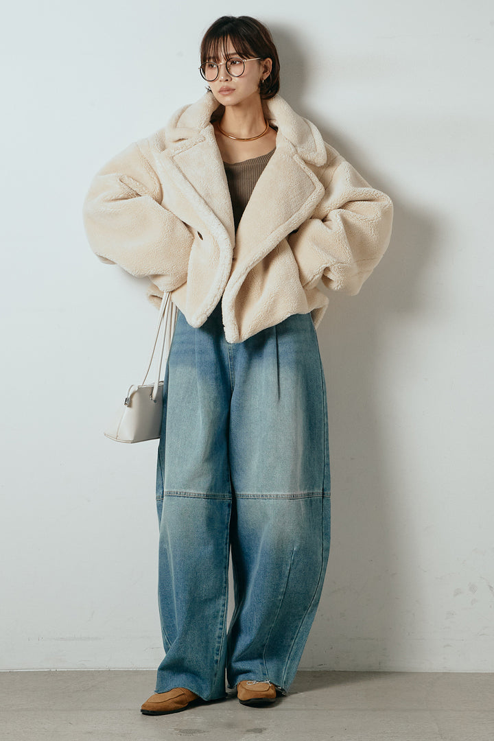 【2月中旬発送】
[SET]テディボアショートジャケット+加工デニムタックコクーンワイドパンツ(2set)