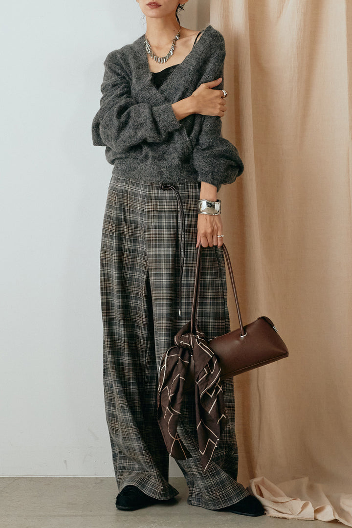 [SET]カシュクールデザインニット+編みベルト付きタータンチェックワイドパンツ(2set)
