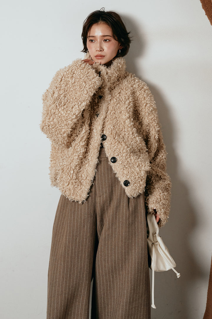 [SET]プードルファーミドルジャケット+ウールライクストライプパンツ(2set)