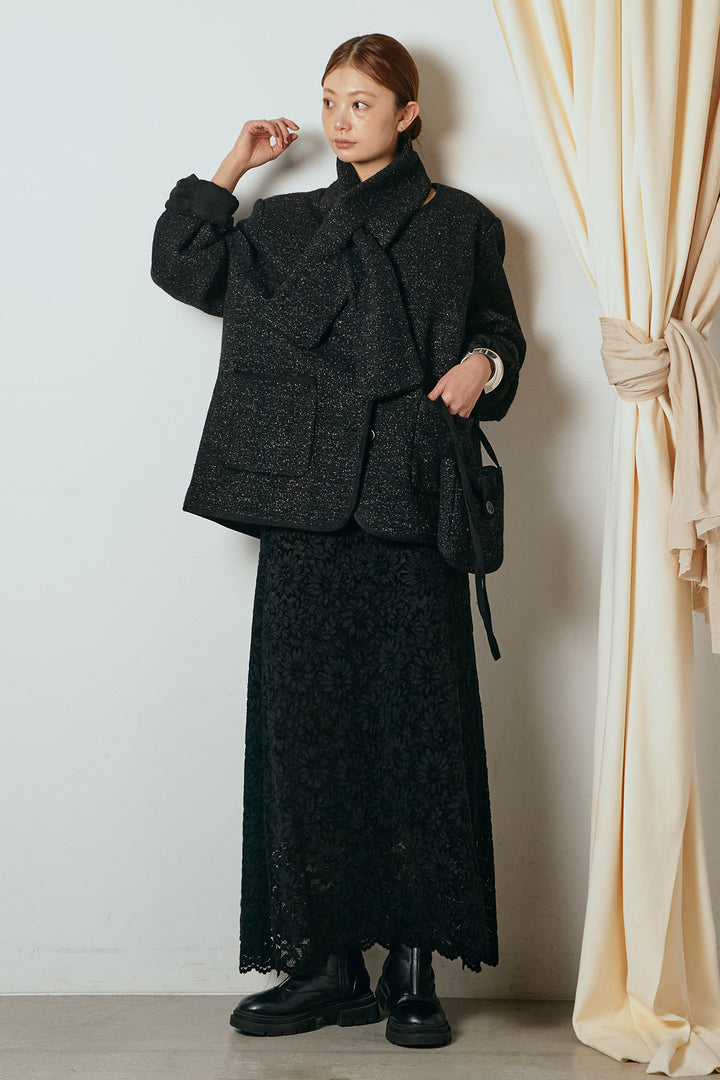 [SET]ノーカラーマフラーバッグ付きアウター+花柄刺繍ベロアフレアスカート(2set)