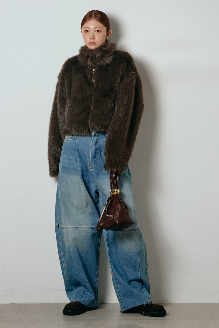 [SET]エコファーショート丈ブルゾン+加工デニムタックコクーンワイドパンツ(2set)