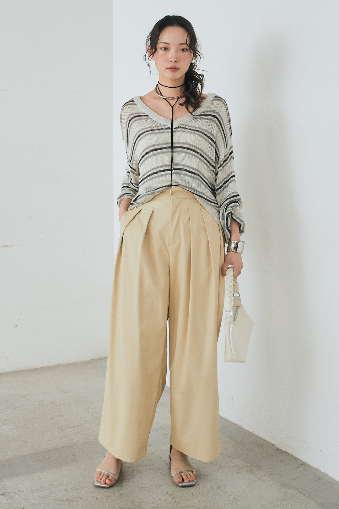 [SET]綿タッチVネックボーダートップス+ウォッシャブルエコレザータックパンツ(2set)