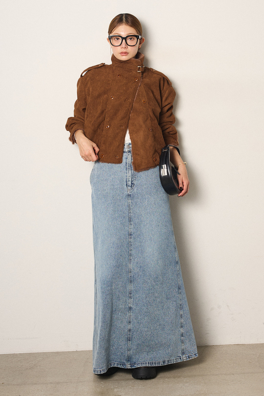 [SET]スタンド襟スウェードライクアウター+デニムロングフレアスカート(2set)