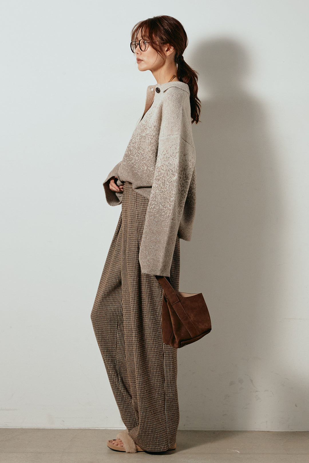 [SET]グラデーションラメニットキーネックプルオーバー+ガンクラブチェックタックパンツ(2set)