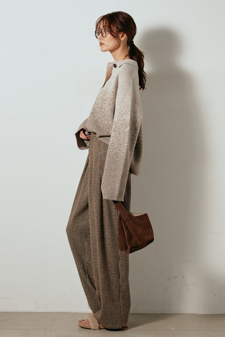 [SET]グラデーションラメニットキーネックプルオーバー+ガンクラブチェックタックパンツ(2set)