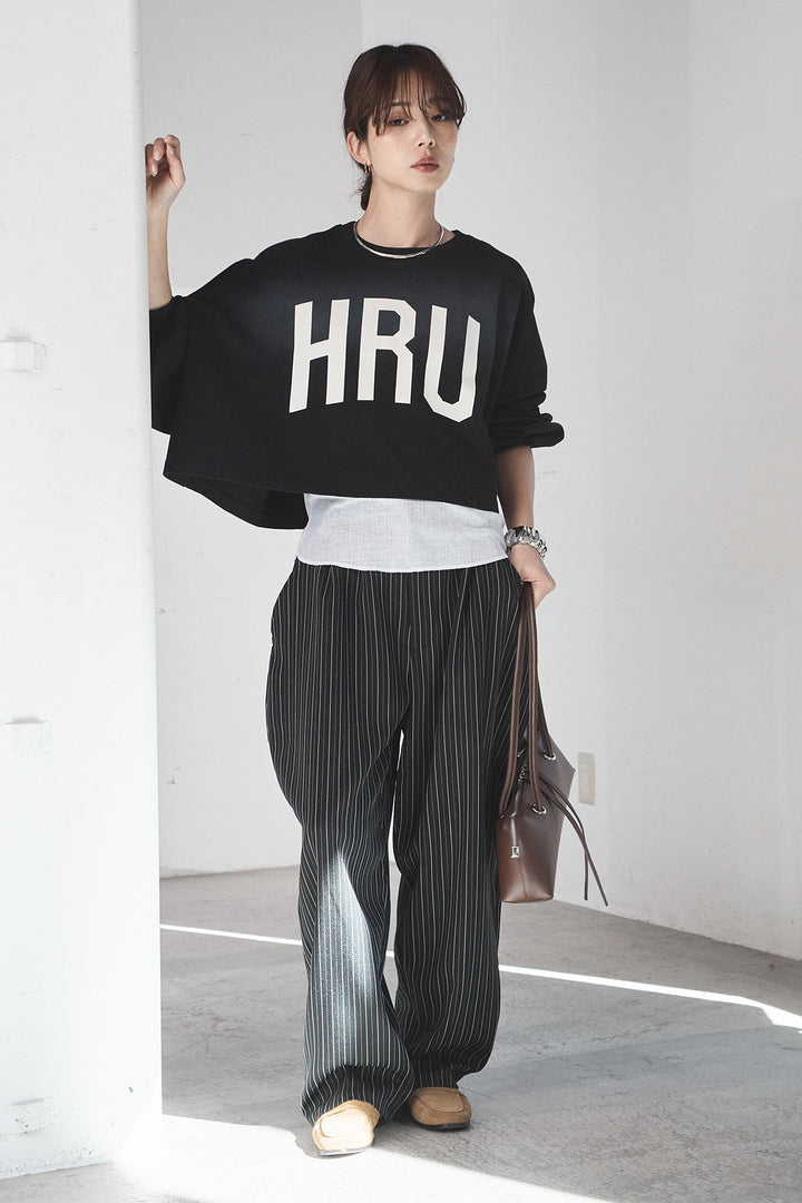 [SET]ビッグロゴHRU袖ボリュームトップス+リブシアークルーネック長袖トップス(2set)