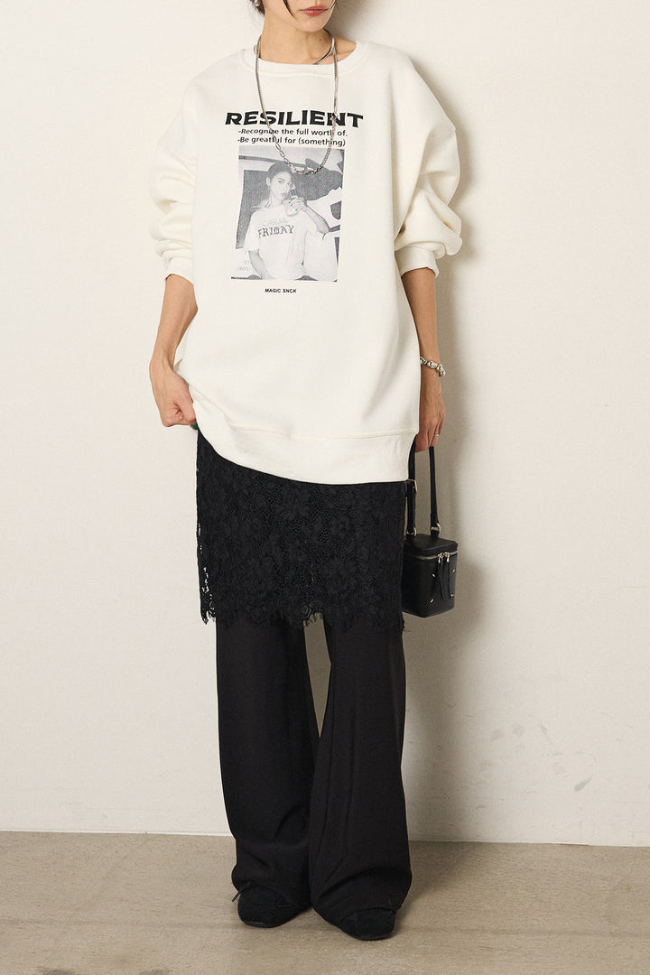 [SET]モノトーンプリントスウェット+レース刺繍レイヤードフレアパンツ(2set)