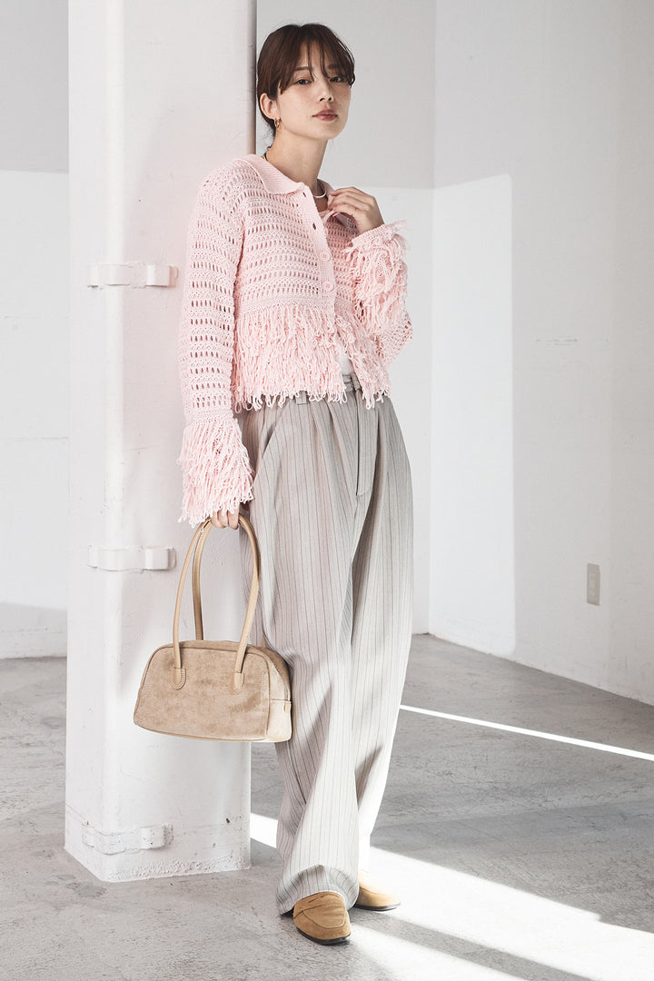 [SET]メッシュフリンジカーディガン+ヘリンボーンストライプツータックパンツ(2set)