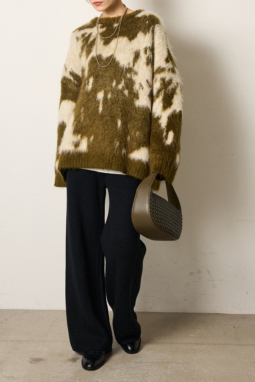 [SET]モヘアタッチマーブルニット+箔プリントBIGシルエットロングスリーブTシャツ+ワイドリブニットイージーパンツ(3set)