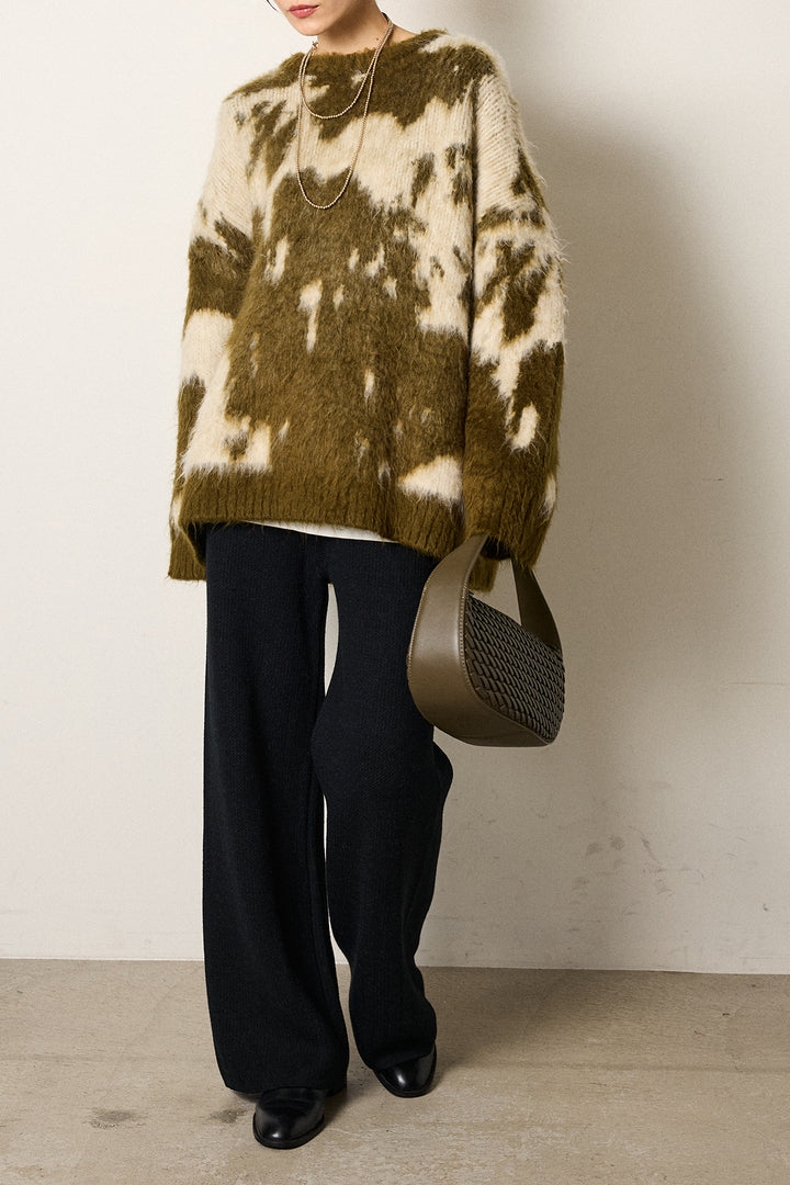 [SET]モヘアタッチマーブルニット+箔プリントBIGシルエットロングスリーブTシャツ+ワイドリブニットイージーパンツ(3set)