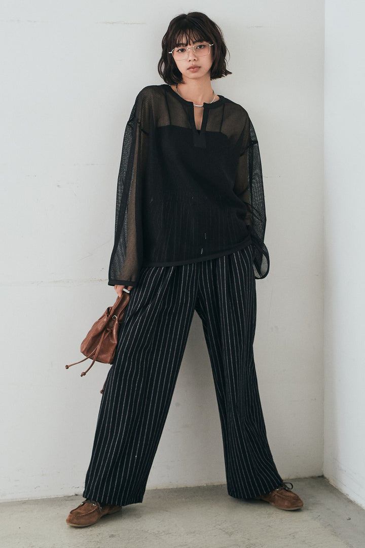 [SET]メッシュカットソースキッパープルオーバー+リネンライクストライプタックイージーパンツ(2set)