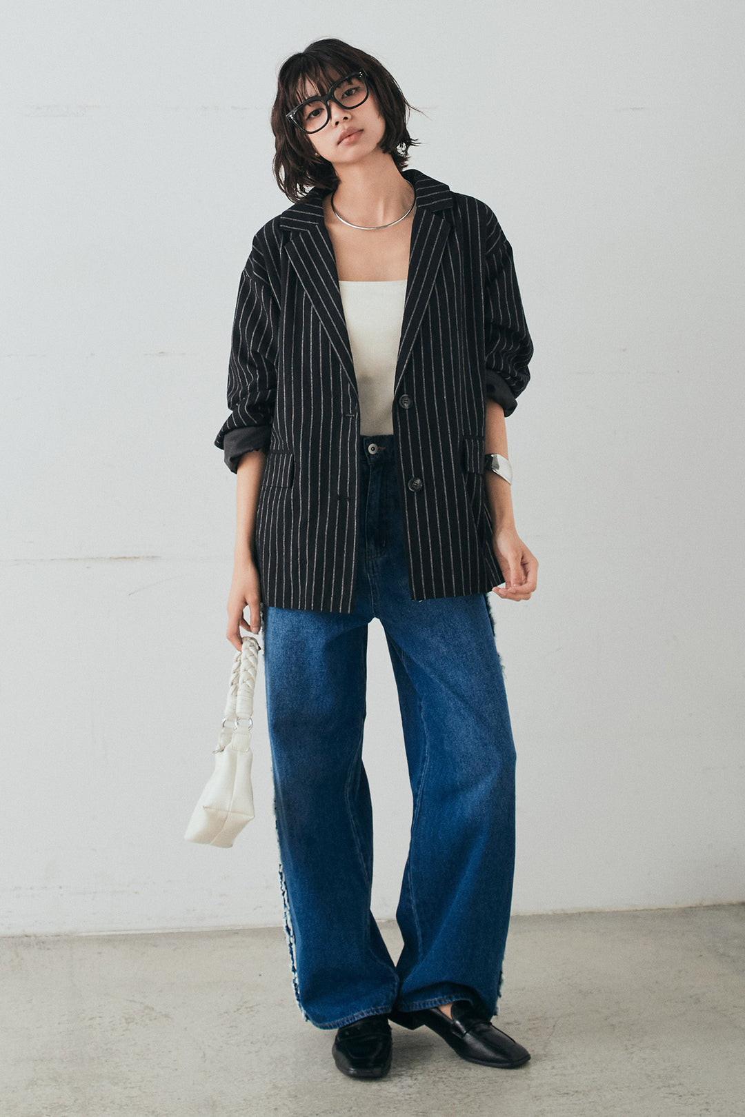 [SET]リネンライクストライプテーラードジャケット+デニムサイドフリルパンツ(2set)