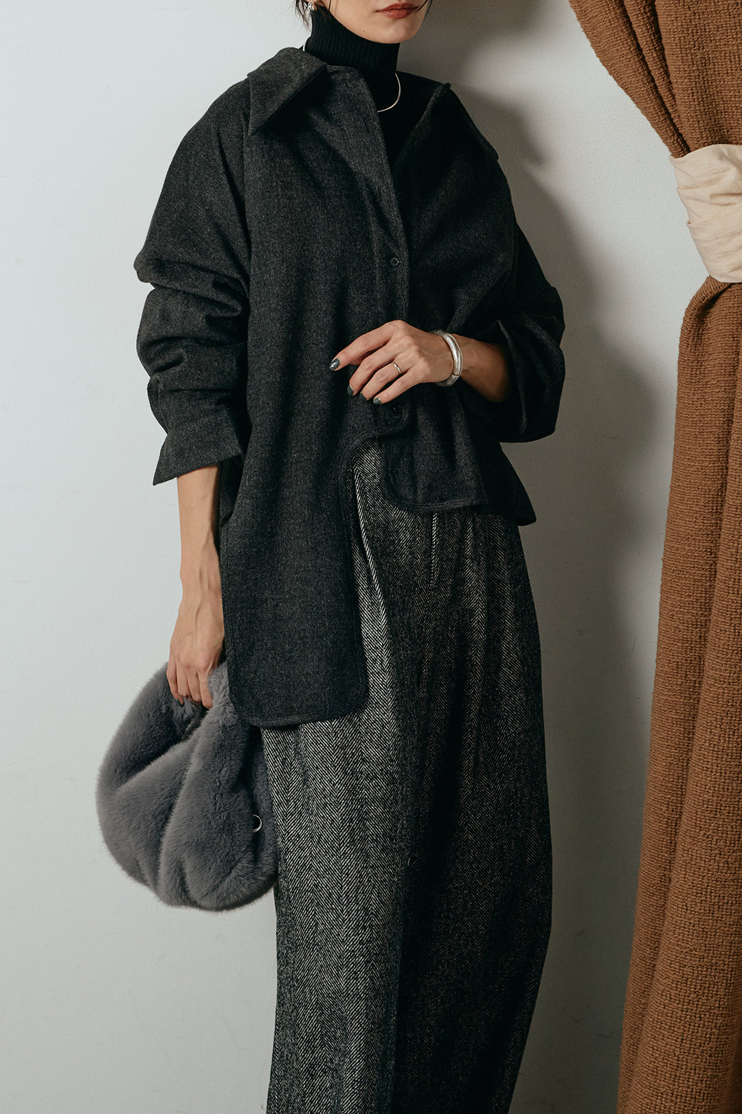 [SET]裾アシンメトリーデザインシャツ+タックツイードワイドパンツ+リブニットシームレスタートルプルオーバー(3set)