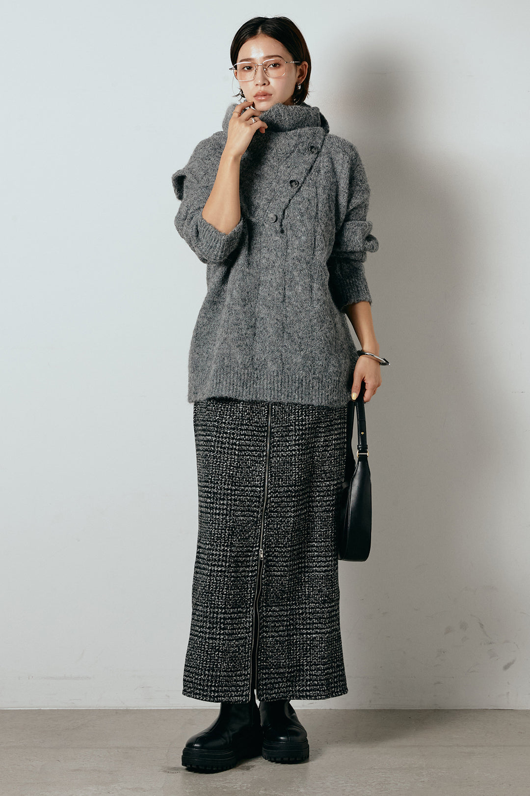 [SET]ケープデザインケーブルニットトップス+グレンチェック柄フロントジップタイトスカート(2set)