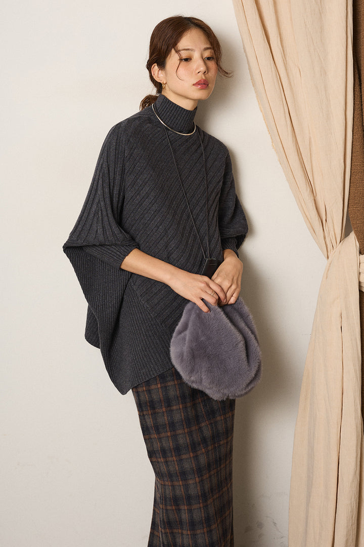 [SET]アシメデザインリブポンチョニットトップス+シャギーチェックストレートスカート(2set)