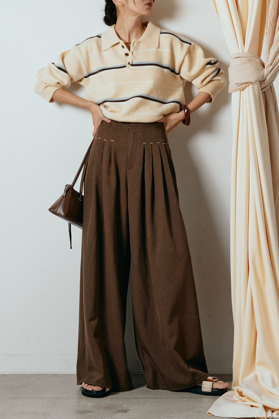 [SET]襟付きマルチボーダーニットポロトップス+ウエストステッチデザインワイドスラックス(2set)