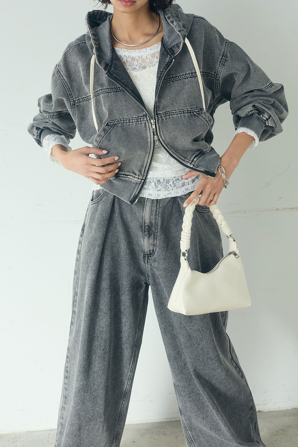 [SET]デニムダブルジップパーカーブルゾン+デニムタックカーブパンツ(2set)