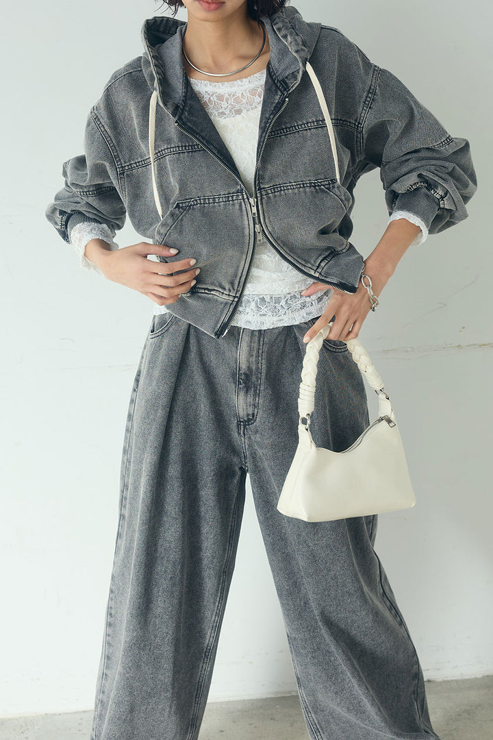 [SET]デニムダブルジップパーカーブルゾン+デニムタックカーブパンツ(2set)