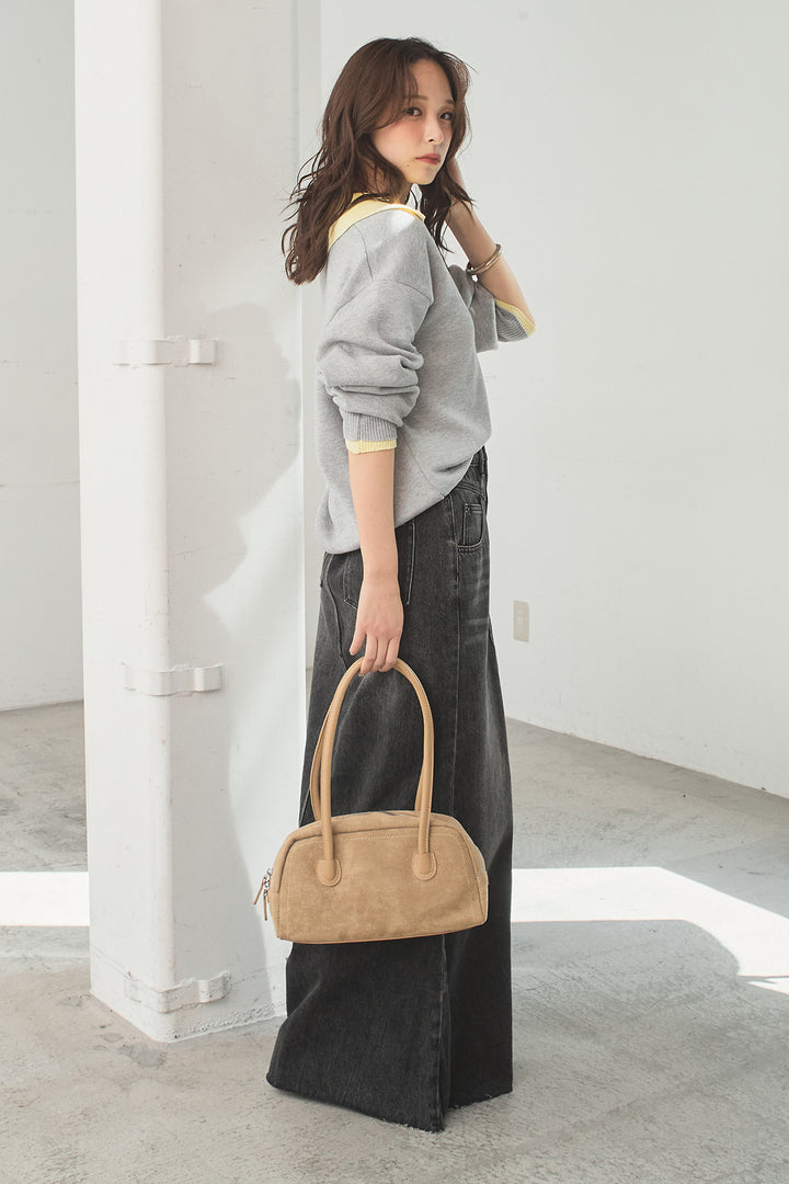 [SET]バイカラーニットレイヤード風プルオーバー+Aラインデニムスカート(2set)