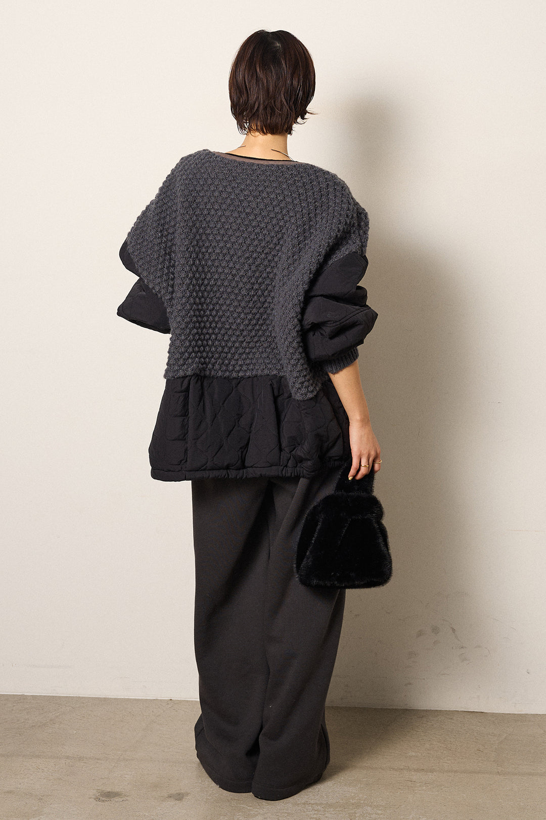 [SET]アラン編みニットノーカラー裾キルティングブルゾン+裏起毛スウェットワイドパンツ(2set)