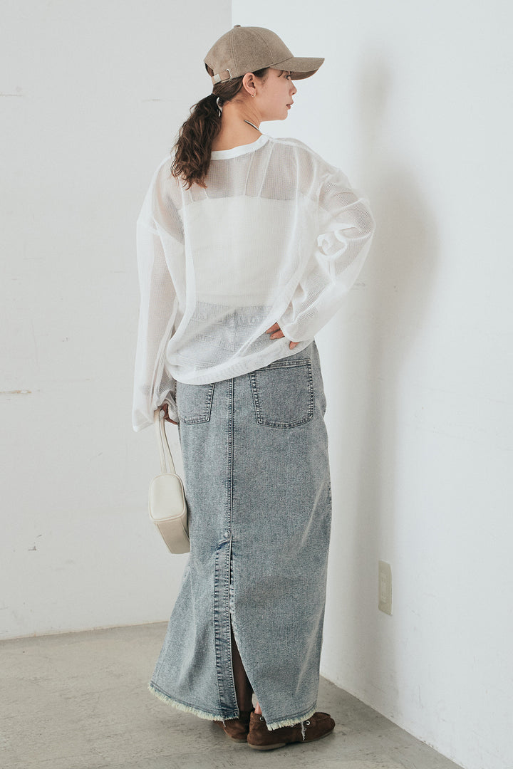 [SET]メッシュカットソースキッパープルオーバー+ウエストクロスデニムタイトスカート(2set)