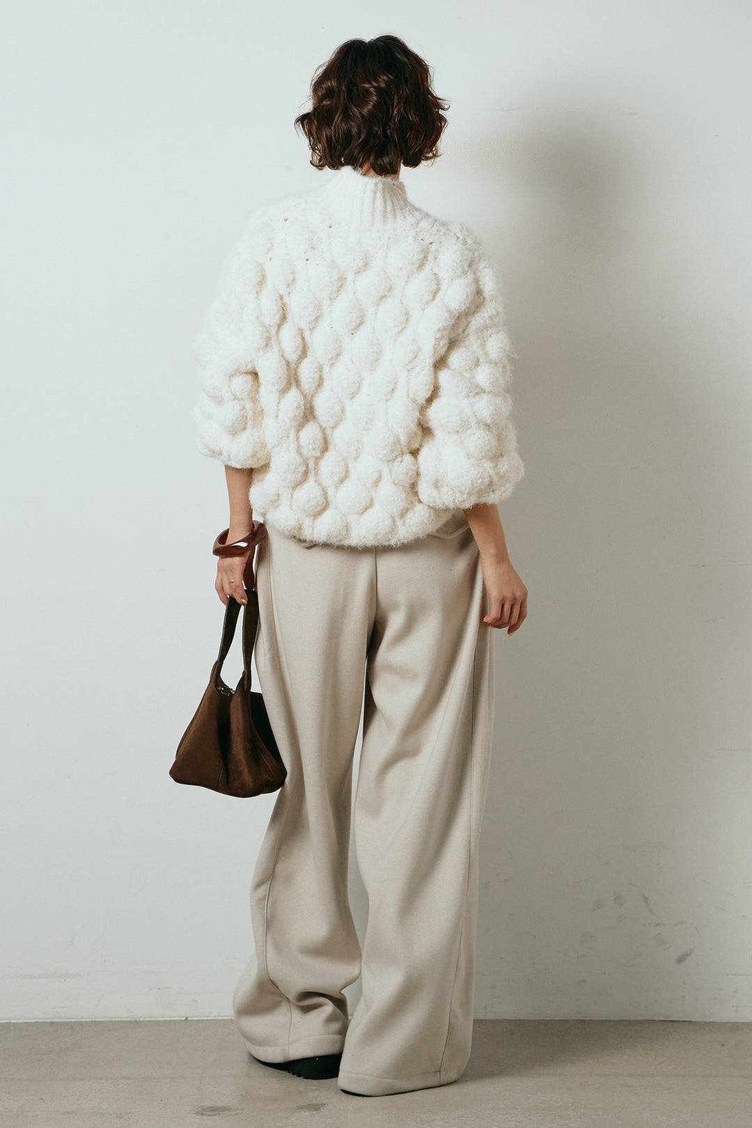 [SET]ボリュームポップコーンニットトップス+編みベルト付きワイドパンツ(2set)