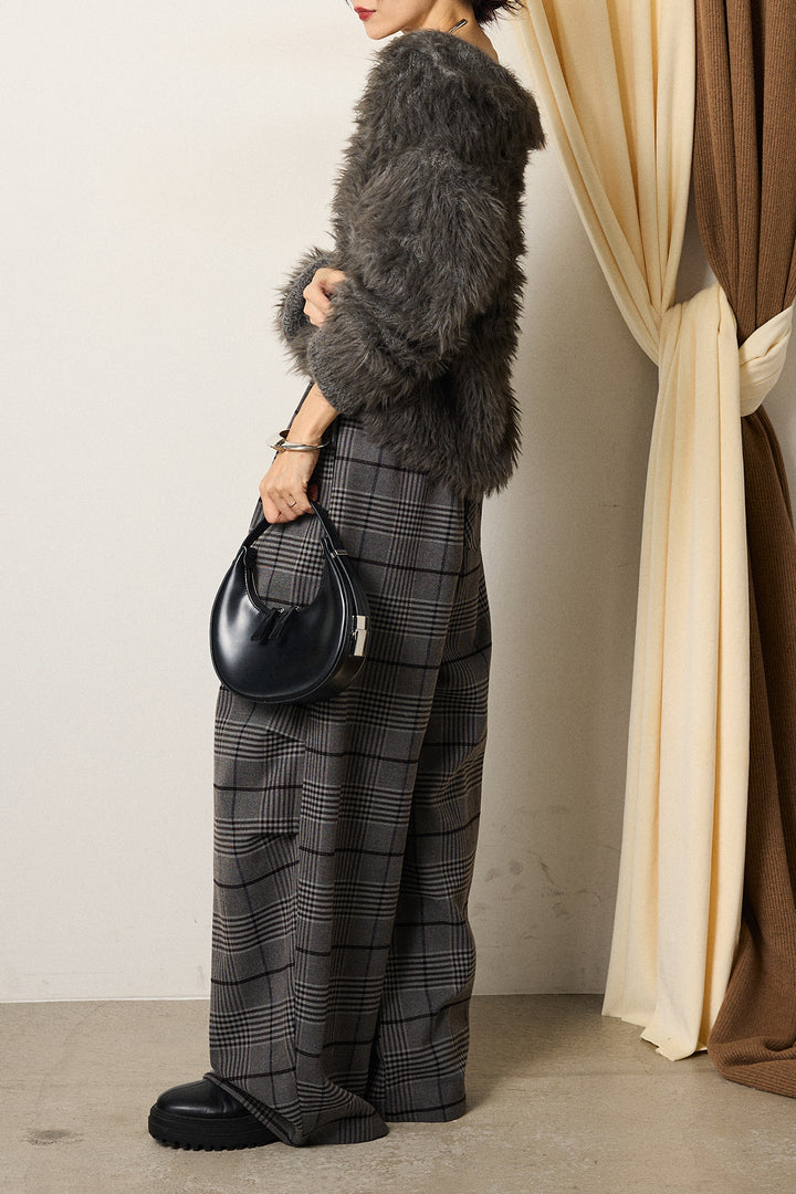 [SET]襟付きシャギーニットカーディガン+グレンチェックルーズタックパンツ(2set)
