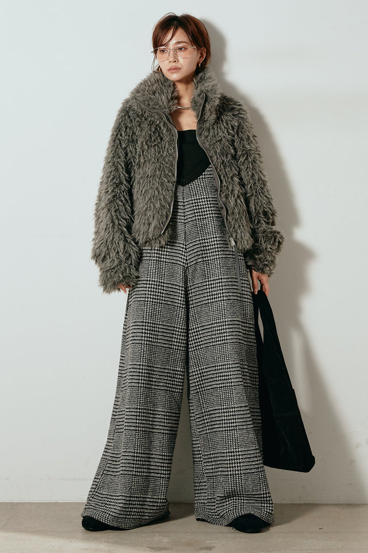 [SET]ミックスシープファースタンドブルゾン+前後2wayグレンチェック柄スカーチョサロペット(2set)