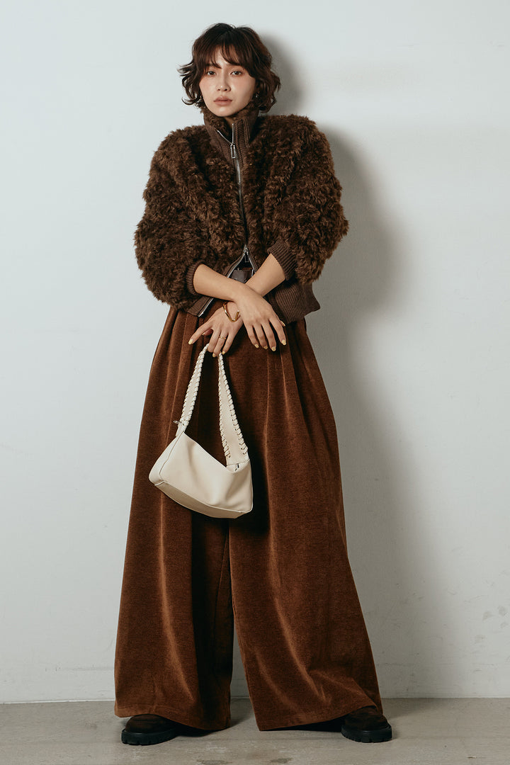 [SET]ハイネックショート丈ボアジップブルゾン+ベルトループコーデュロイワイドパンツ(2set)